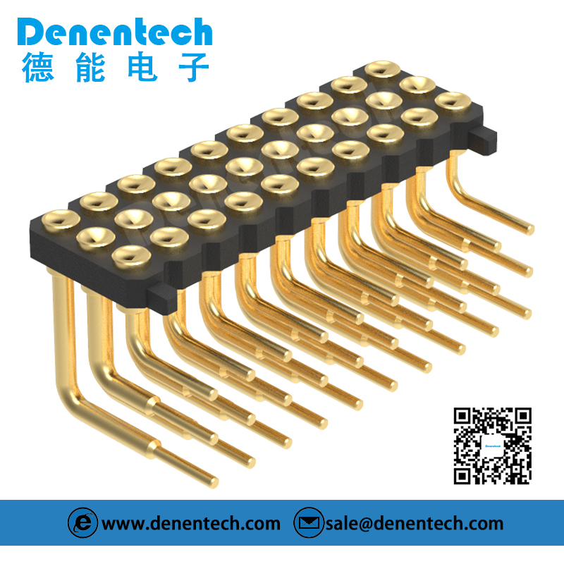 Denentech high-end custom2.00MM pogo pin H1.27MM triple row female right angle SMYconcave with peg